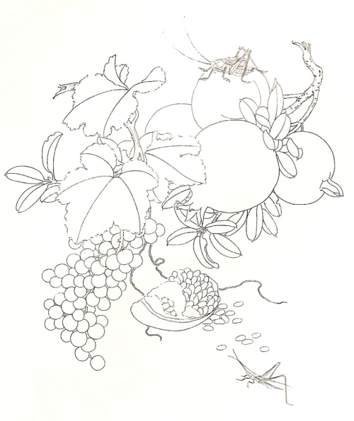 Les grenades et raisins en peinture chinoise gongbi, étape 1