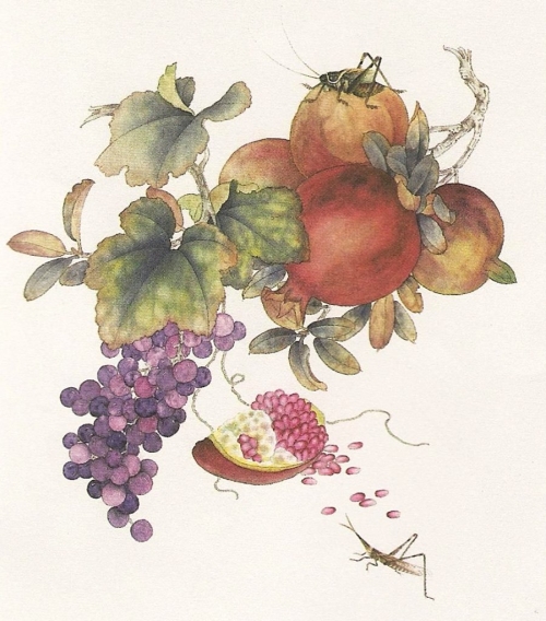 Les grenades et raisins en peinture chinoise gongbi, étape 4