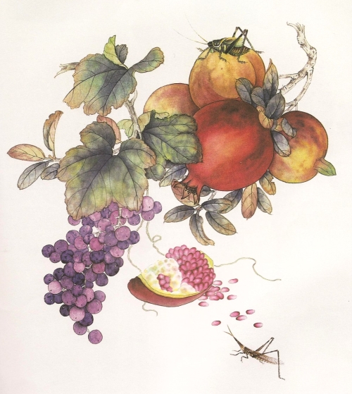 Les grenades et raisins en peinture chinoise gongbi, étape 5