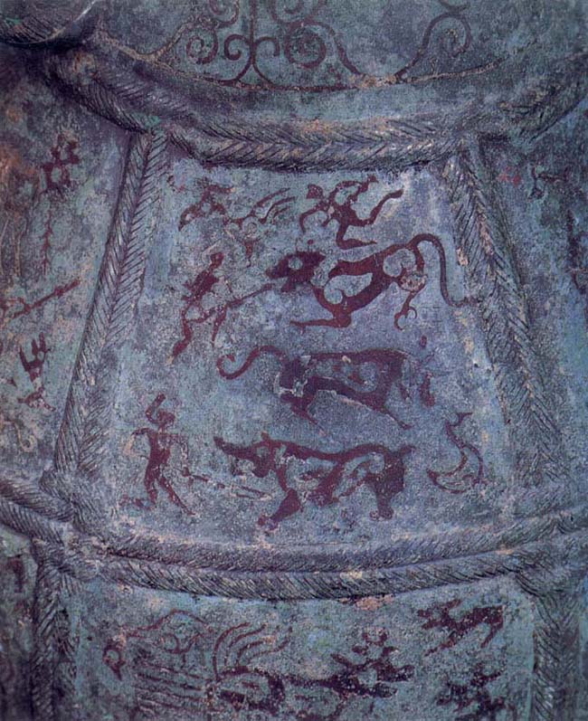 Scène de chasse incrustée dans un vase de bronze