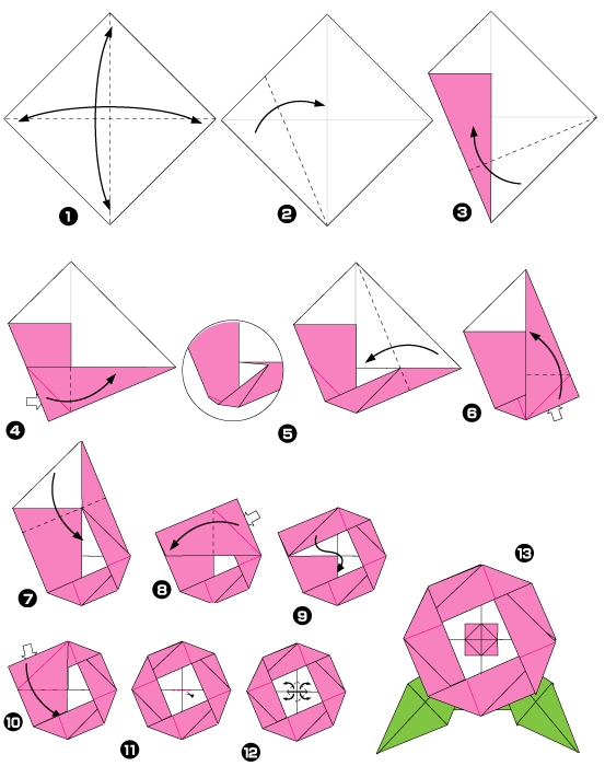 Diagramme d'origami de pivoine : la fleur